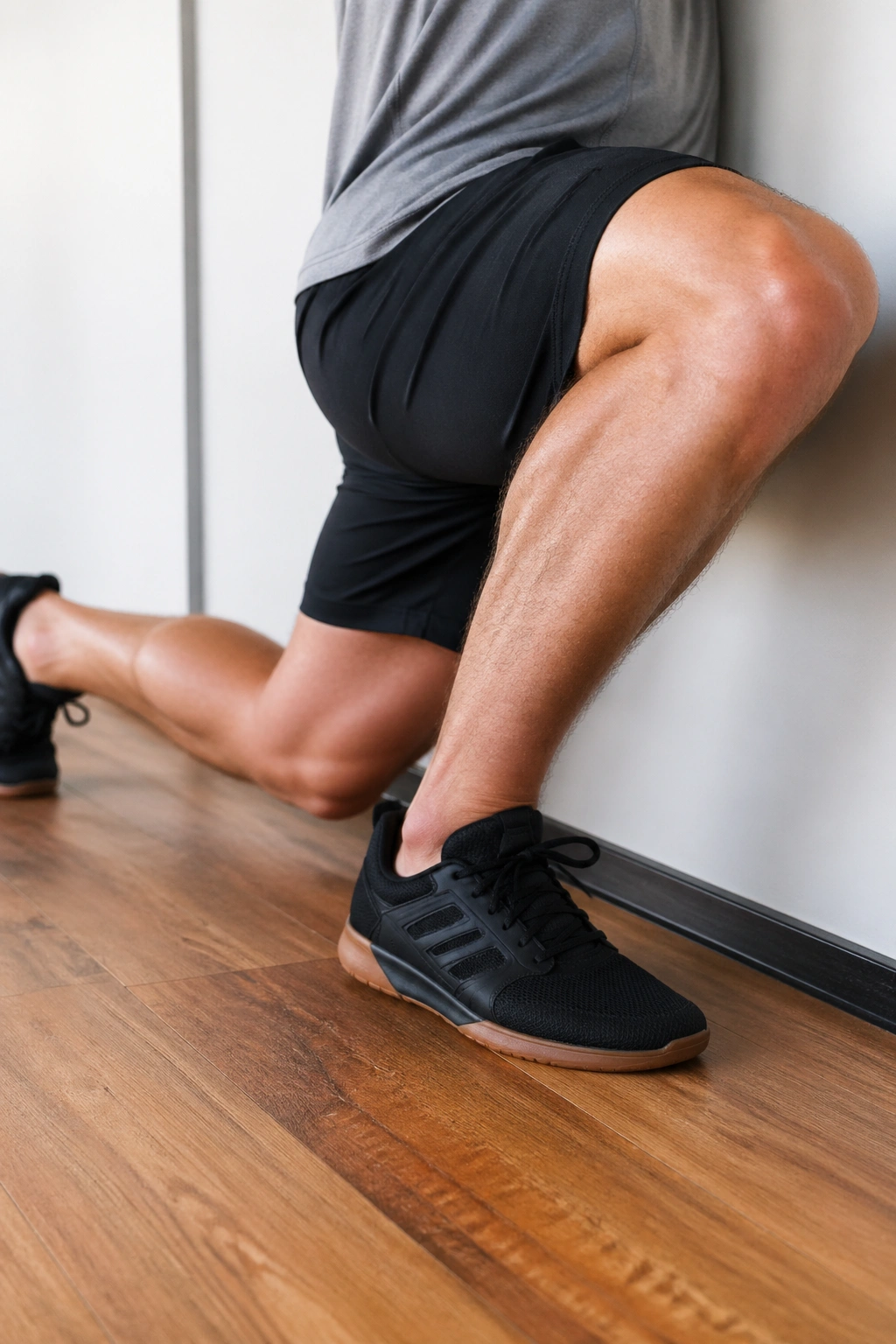 Person performing ankle rocks with knee over toes near a wall