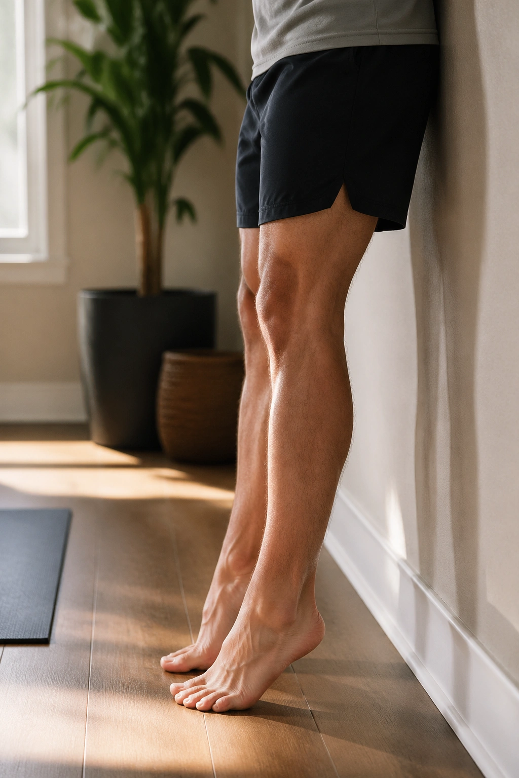 Person performing tibialis raises near a wall to recover ankles and shins