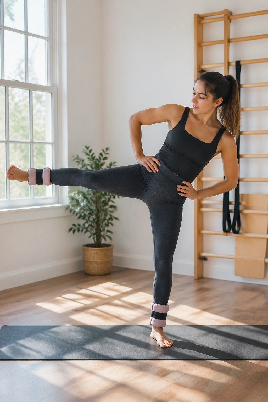 Real woman performing ankle-weight side kicks with light weights