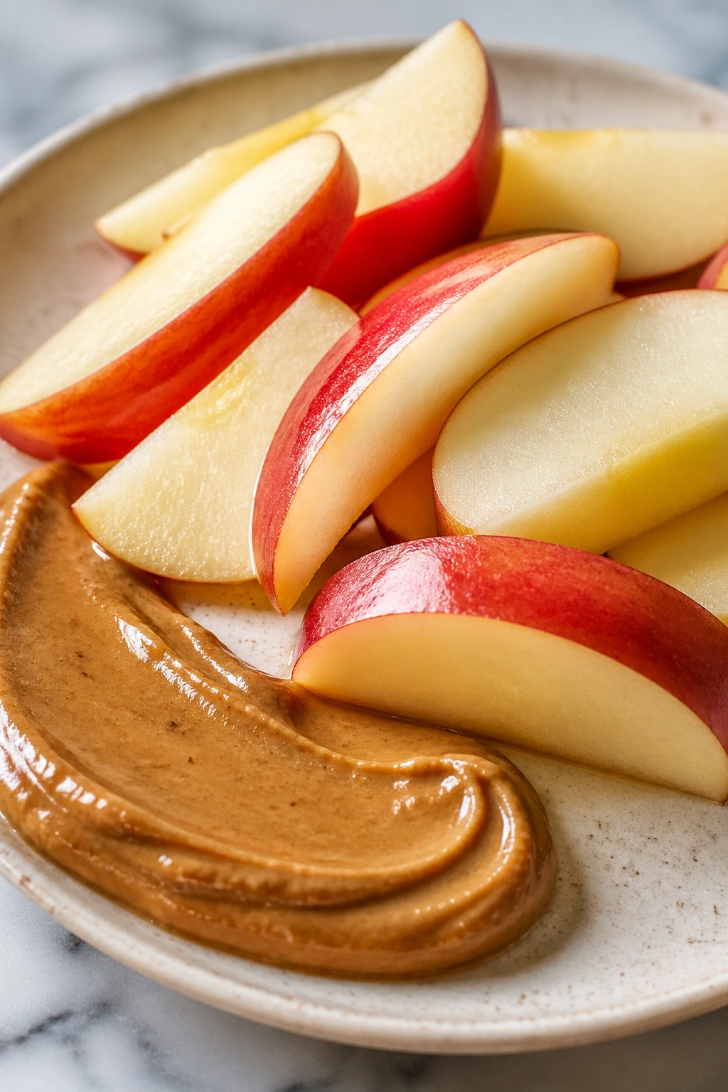 Apple slices with almond butter on a plate