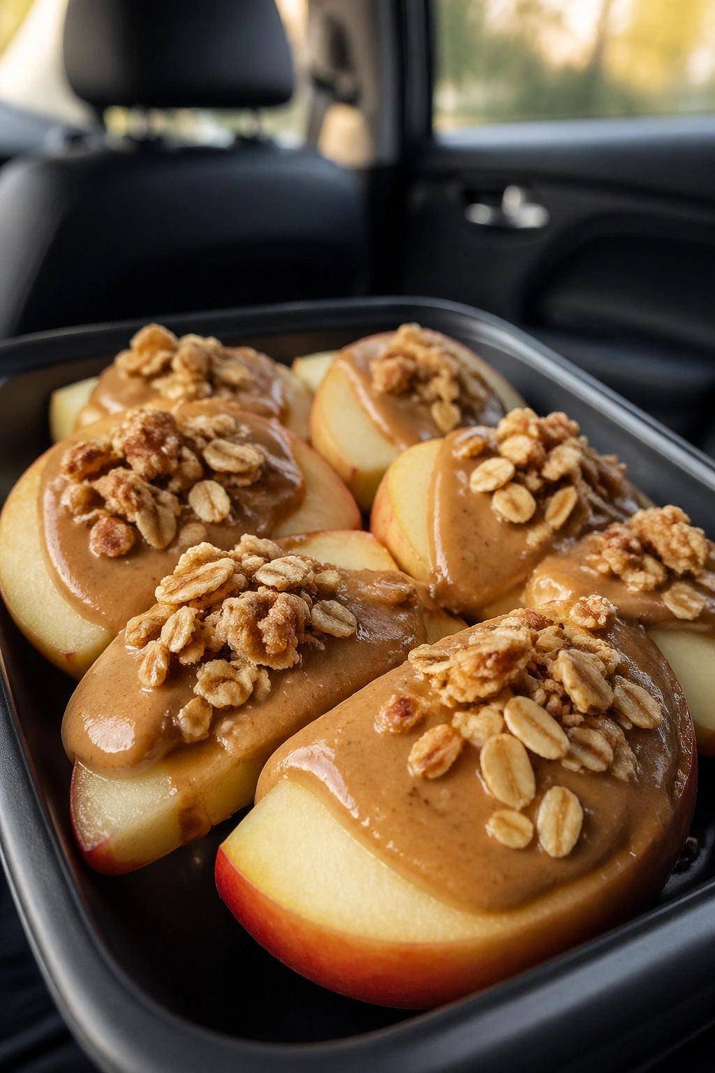 Apple slices with almond butter and granola in a car setting