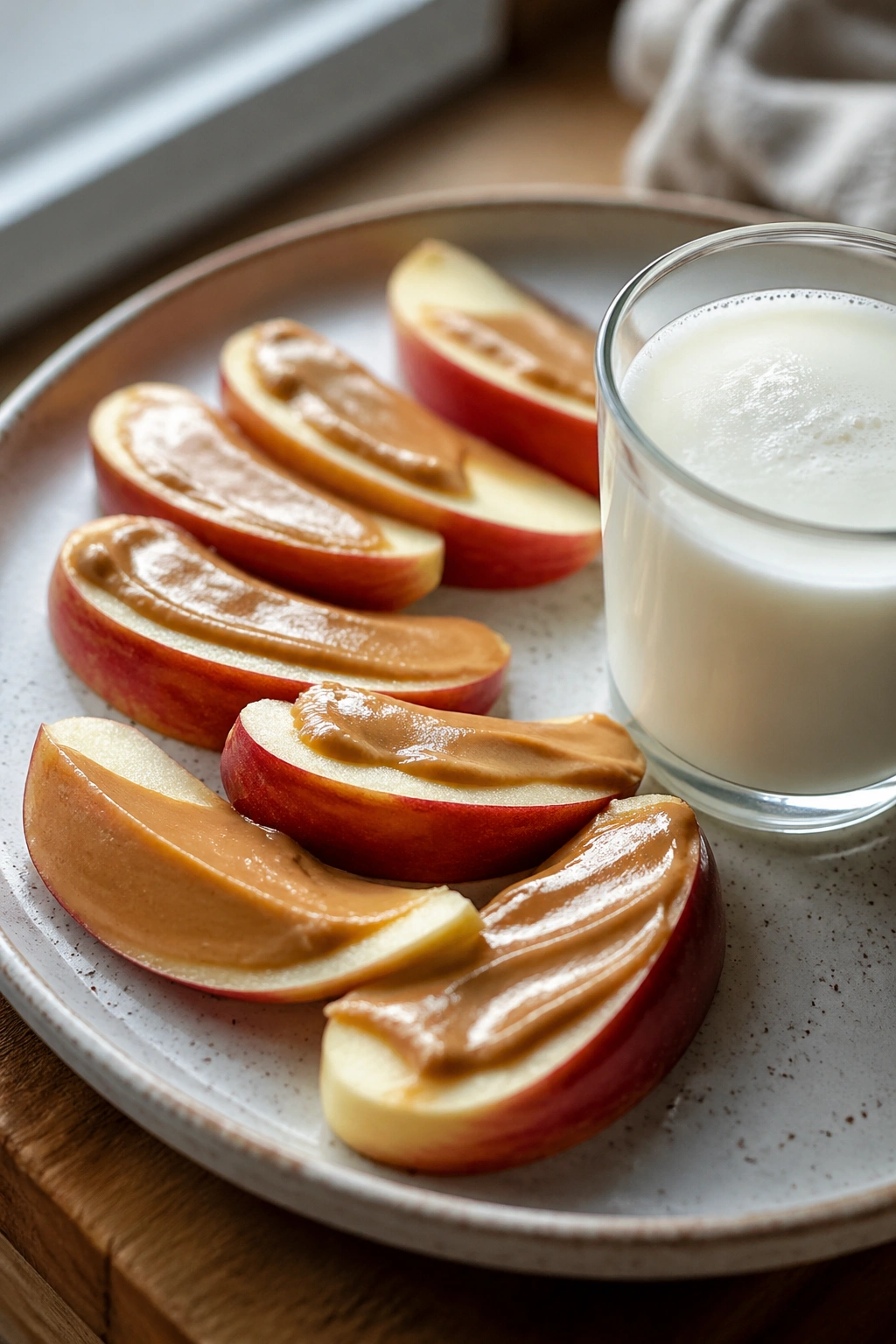 Apple slices with almond butter and kefir on a plate