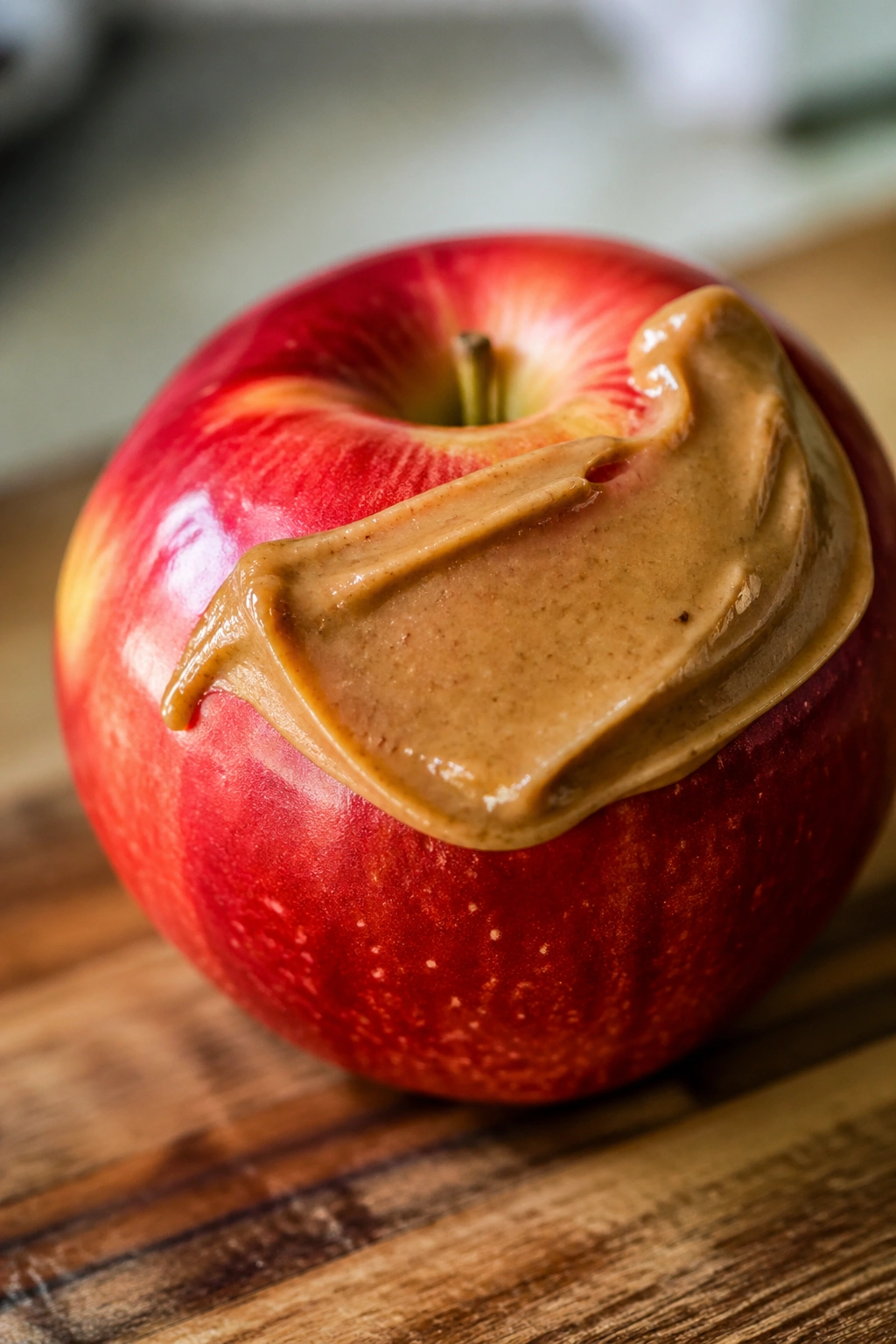 Close-up of a red apple with almond butter on its surface on a wooden cutting board