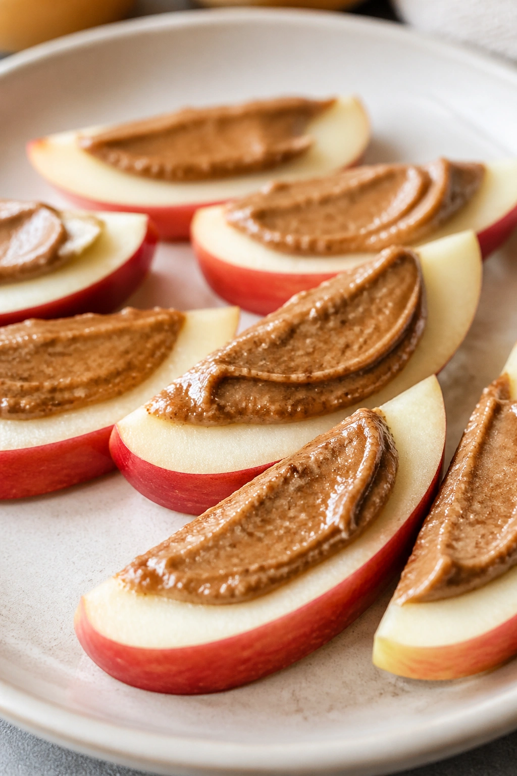 Close-up of apple slices with almond butter filling the frame on a plate.