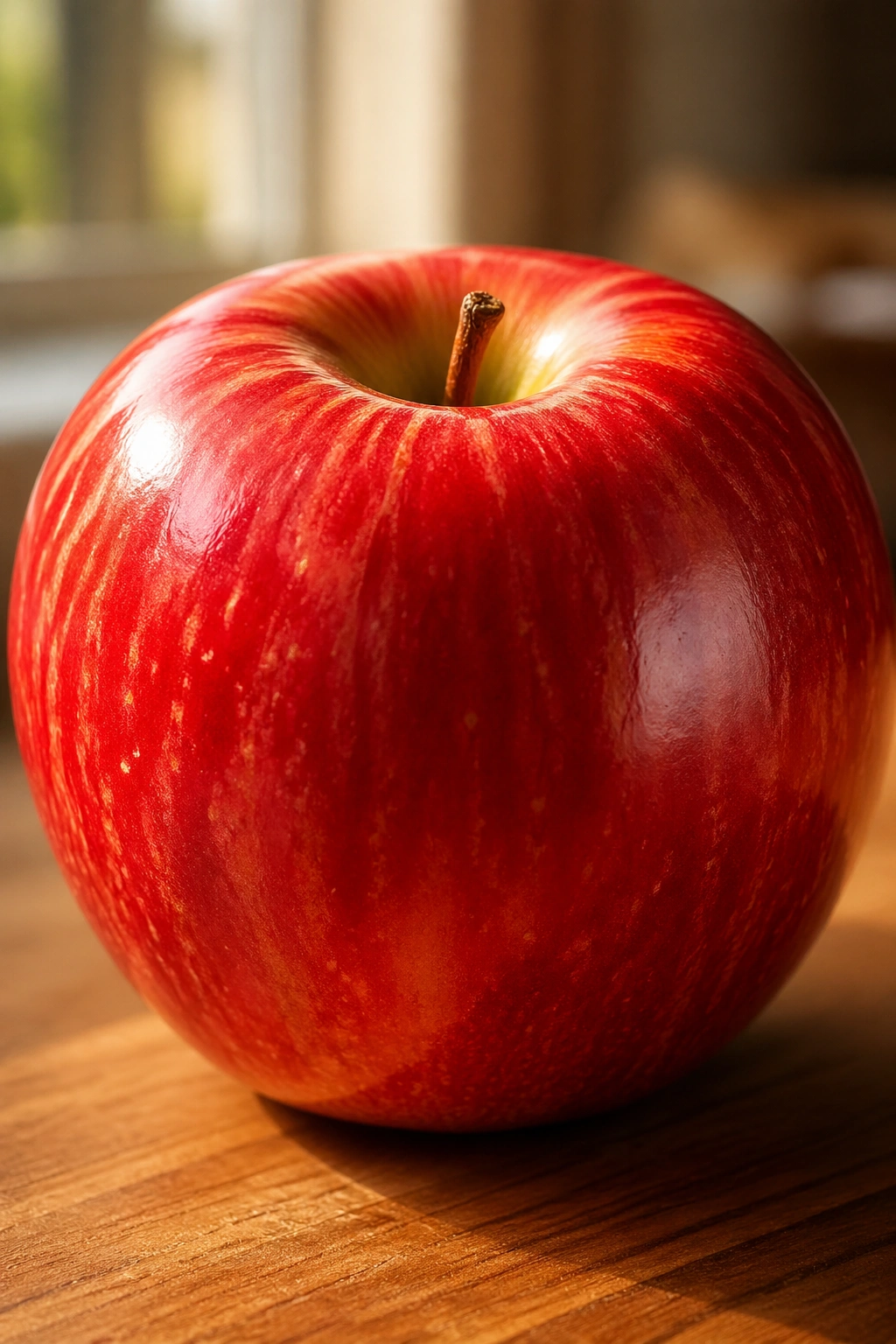 Close-up of a bright red apple with textured skin