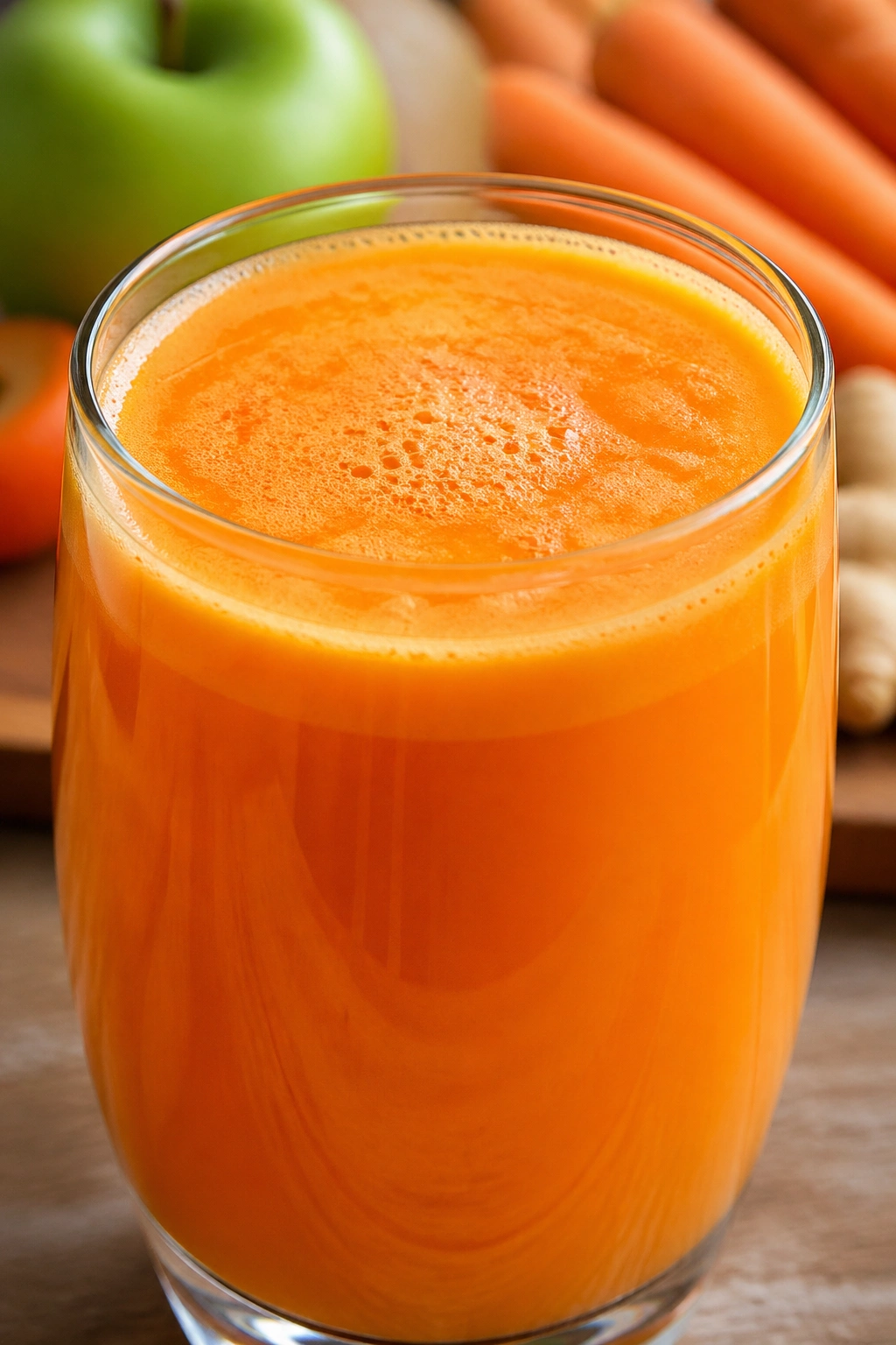 Close-up of apple carrot ginger juice in a glass, bright orange hue
