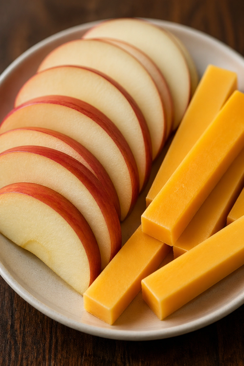 Close-up of apple slices with cheddar cheese on a plate