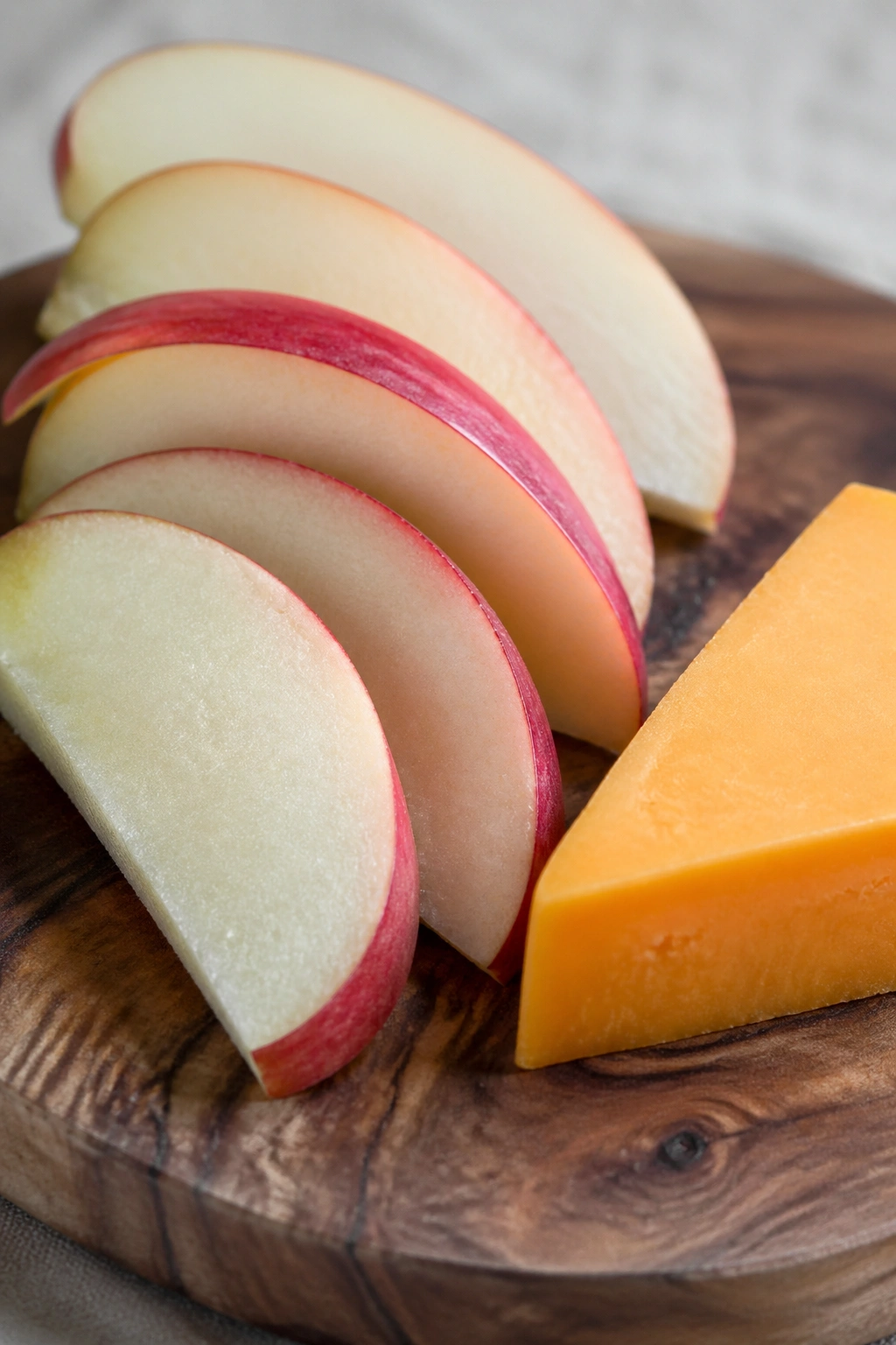 Close-up of apple slices with cheddar on a light surface