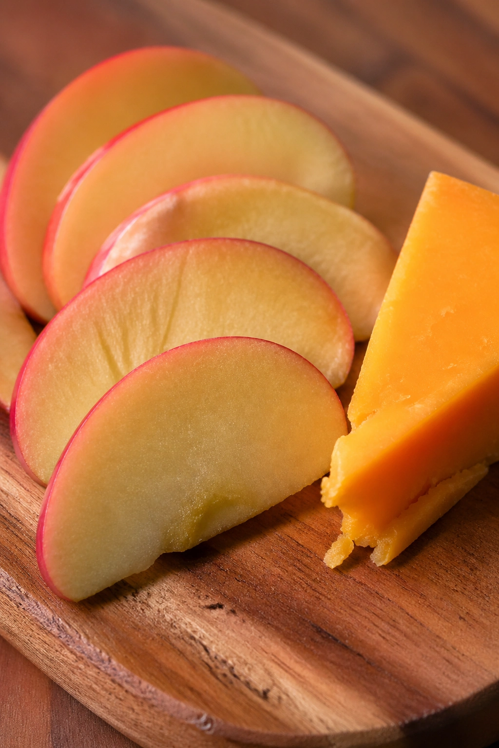 Apple slices with cheddar on a wooden board in a kitchen.