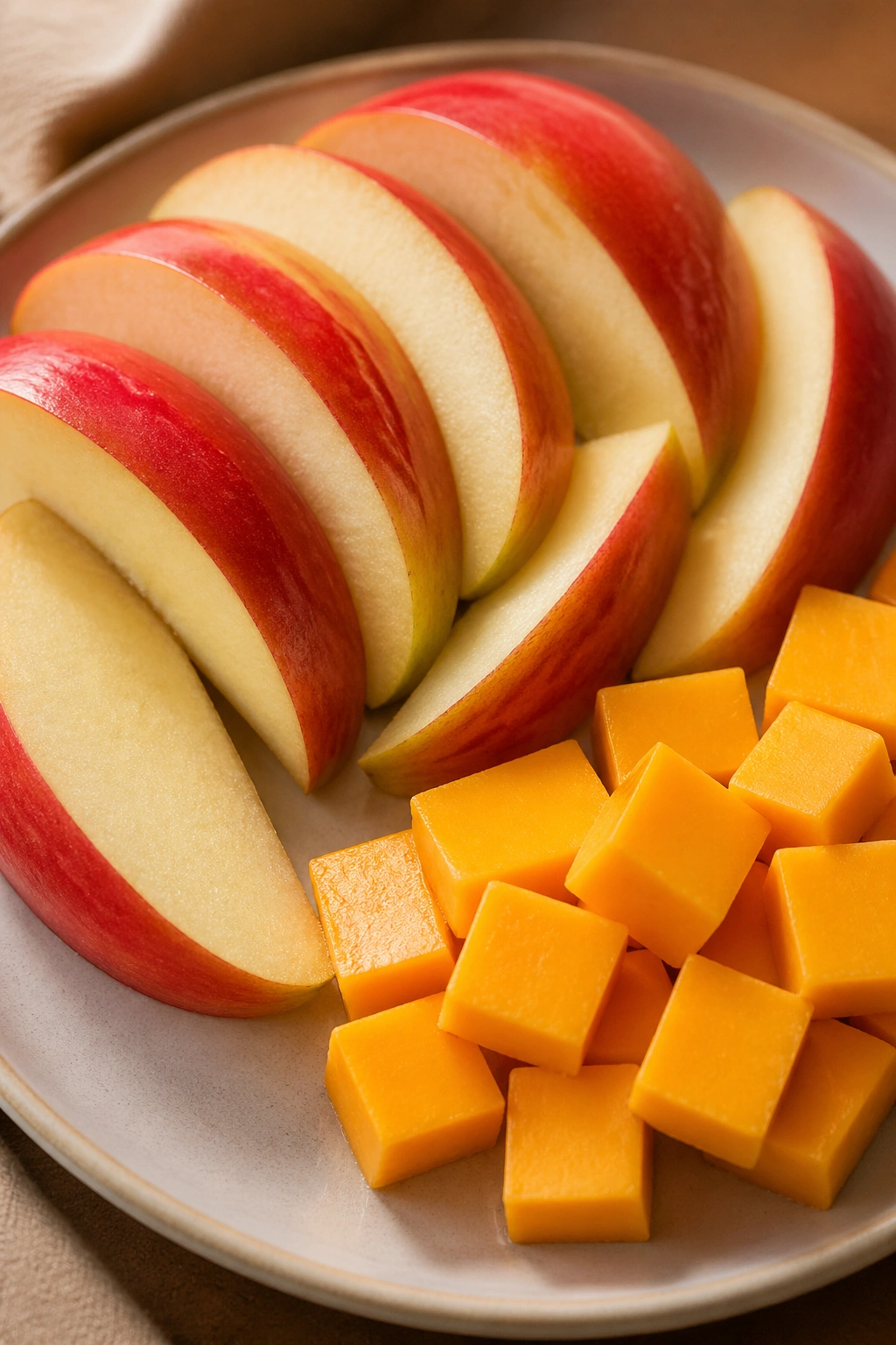 Apple slices and cheddar cubes on a plate.