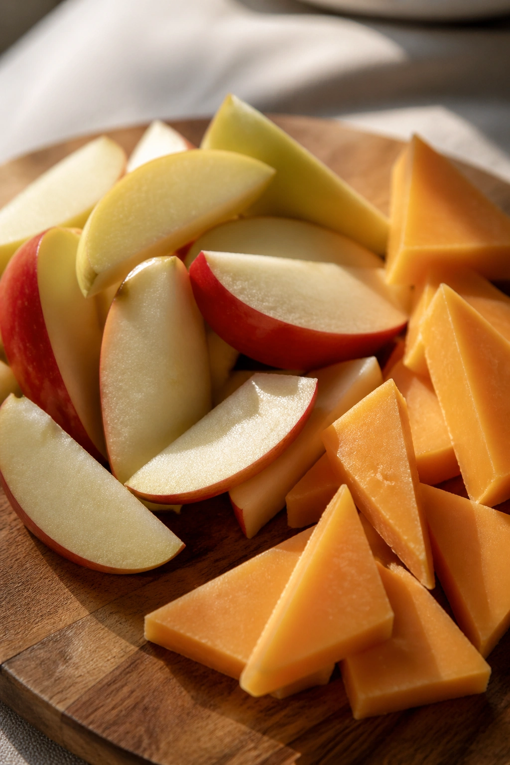 Close-up of apple slices with cheddar on a wooden board.