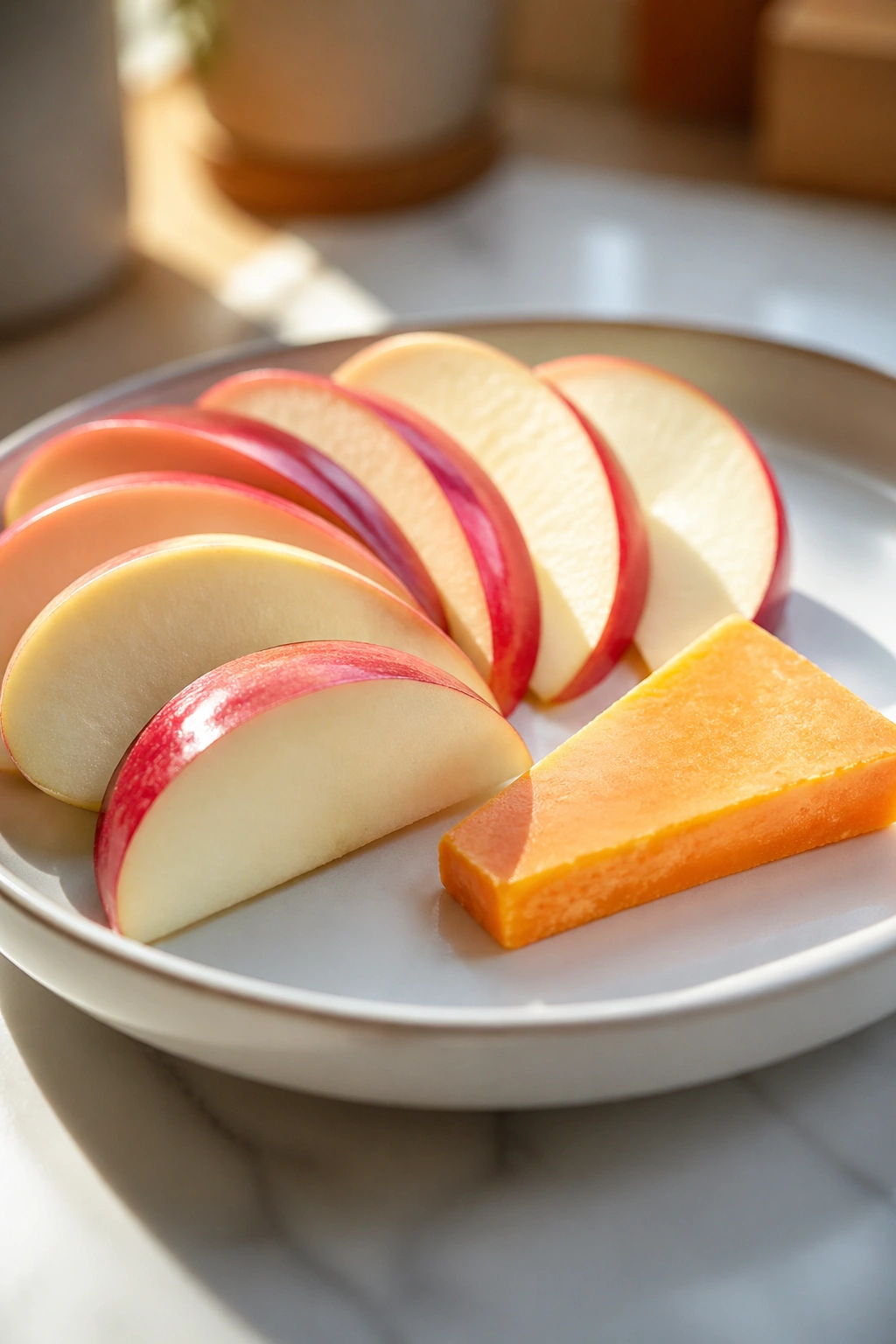 Apple slices with cheddar cheese on a plate in a bright kitchen