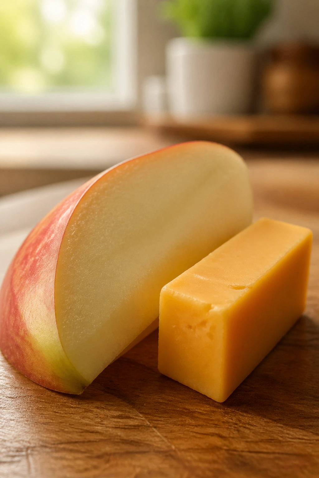 Close-up of an apple slice with cheddar on a wooden cutting board