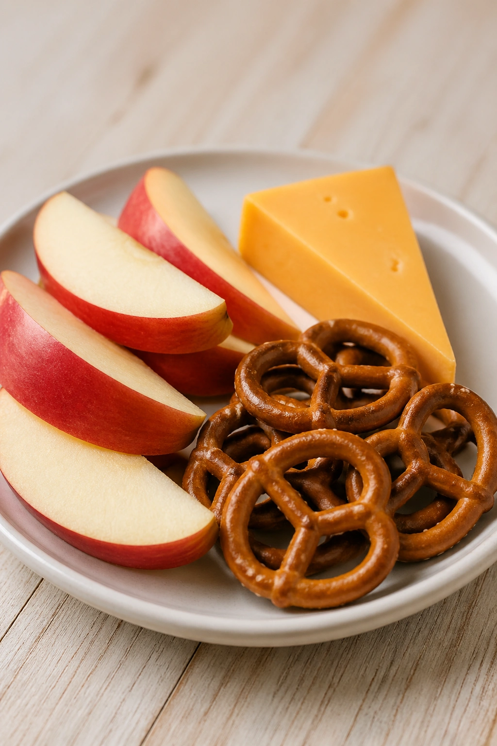 Close-up plate with apple slices, cheese, and pretzels.