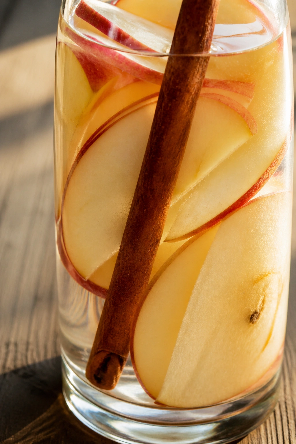 Close-up of apple cider cinnamon water with apple slices and a cinnamon stick in water