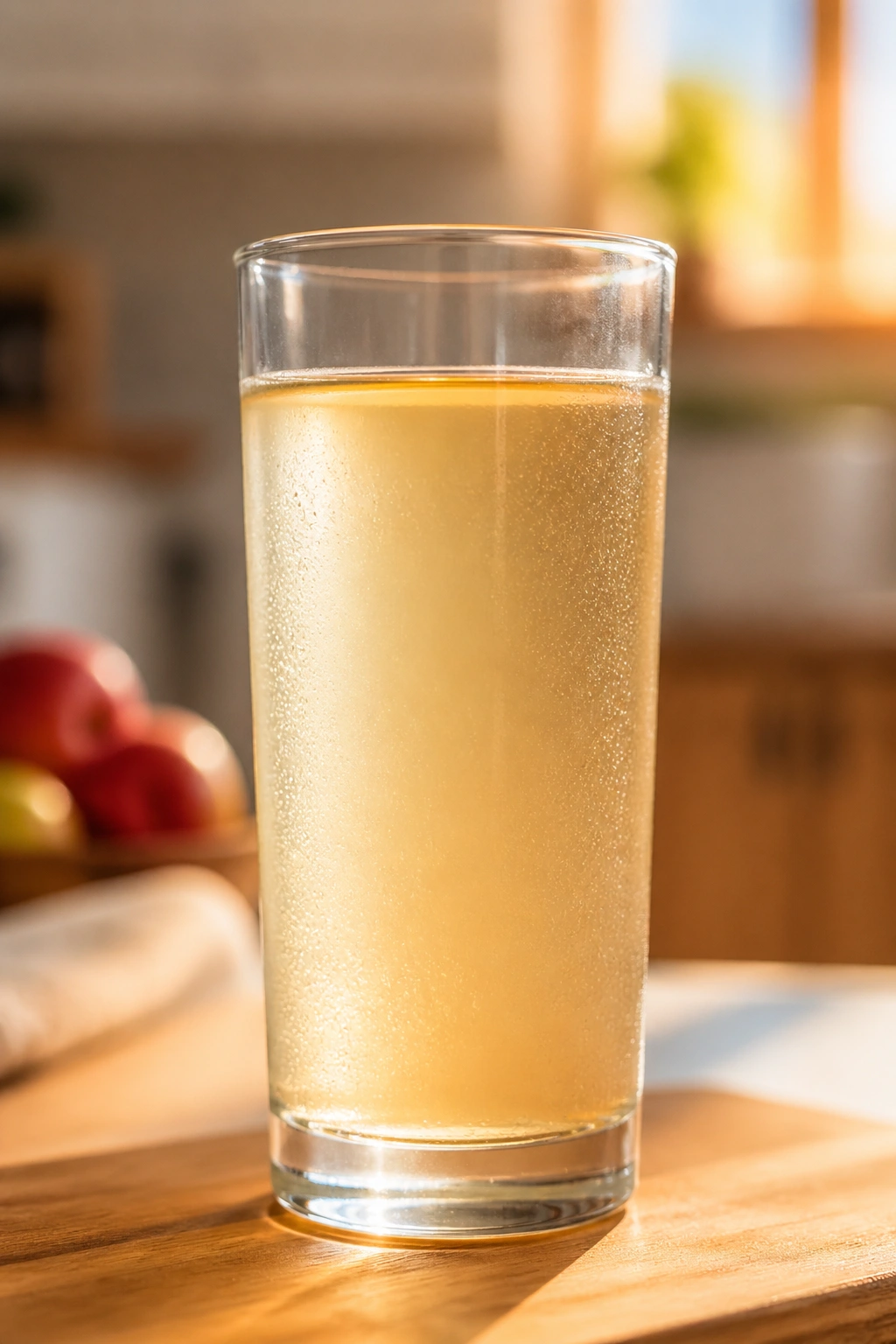 Tall glass of water tinted with apple cider vinegar on a kitchen counter