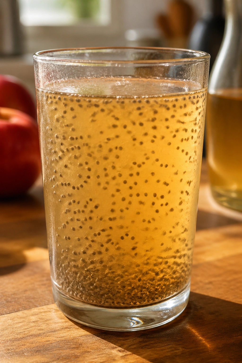 Close-up of amber apple cider vinegar chia drink in a glass on a wooden countertop