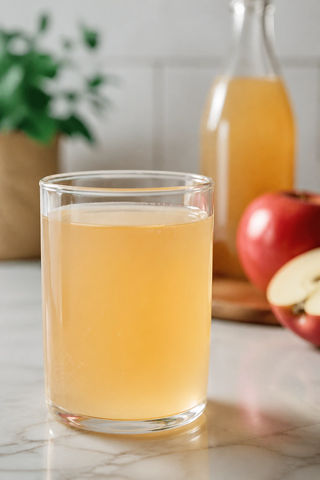 Glass of diluted apple cider vinegar water on kitchen counter