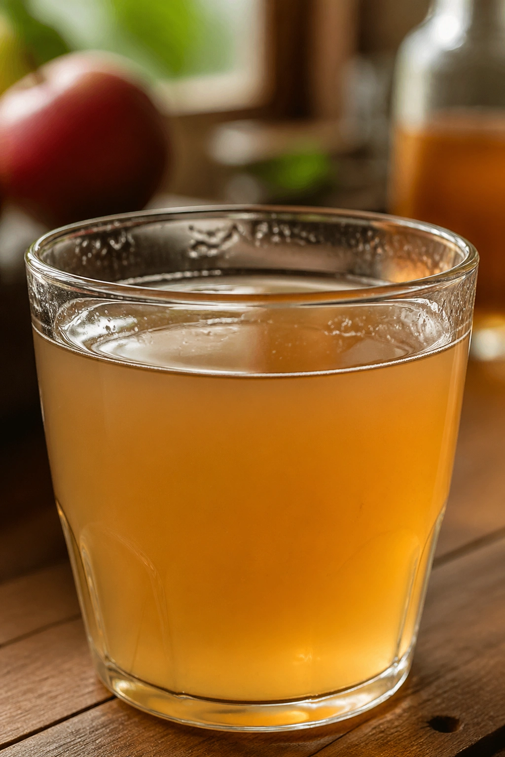 Close-up of a glass with diluted apple cider vinegar drink on a wooden kitchen counter, amber color.