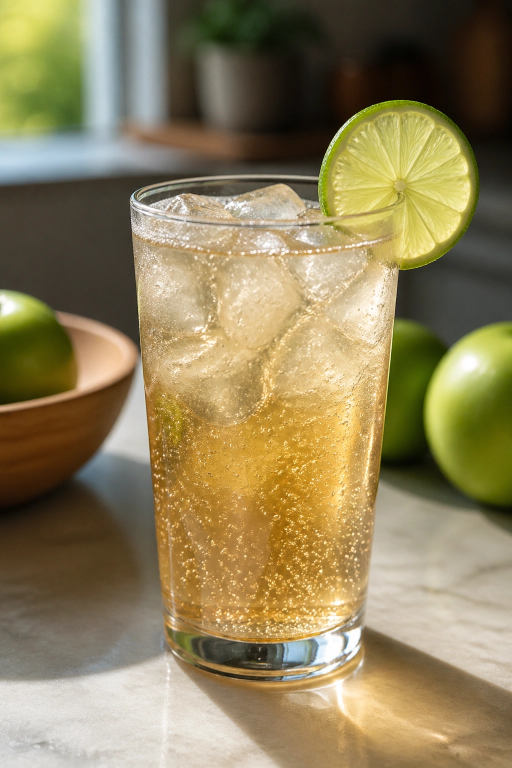 Clear glass with sparkling apple cider vinegar drink and a lime wheel on the rim.