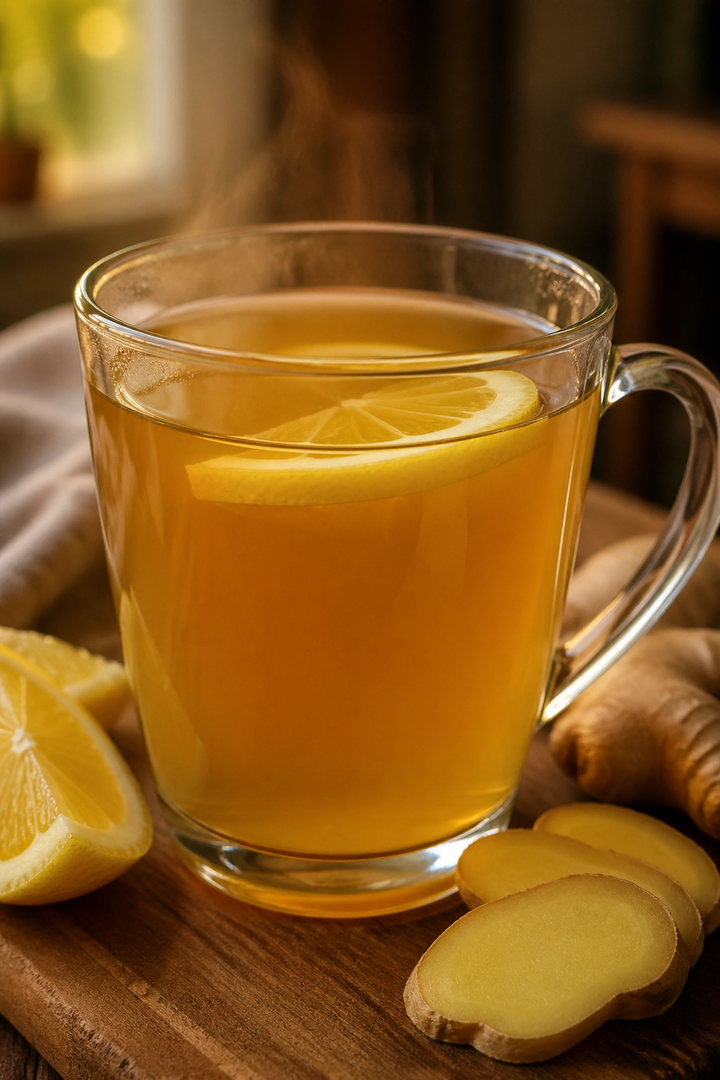 Warm mug of ginger tea with lemon wedge in cozy kitchen