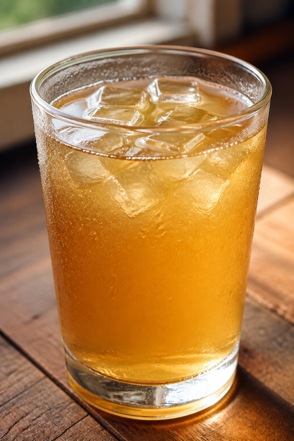 Glass of amber apple cider vinegar tonic with ice on a wooden surface