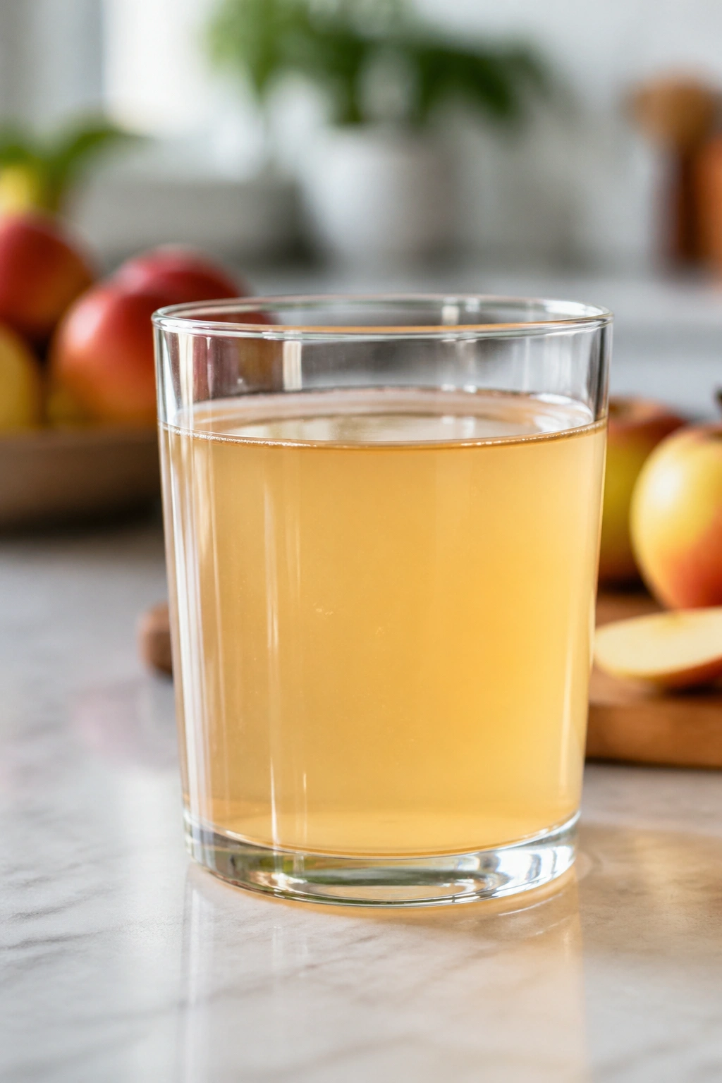 Glass of diluted apple cider vinegar water on a kitchen counter