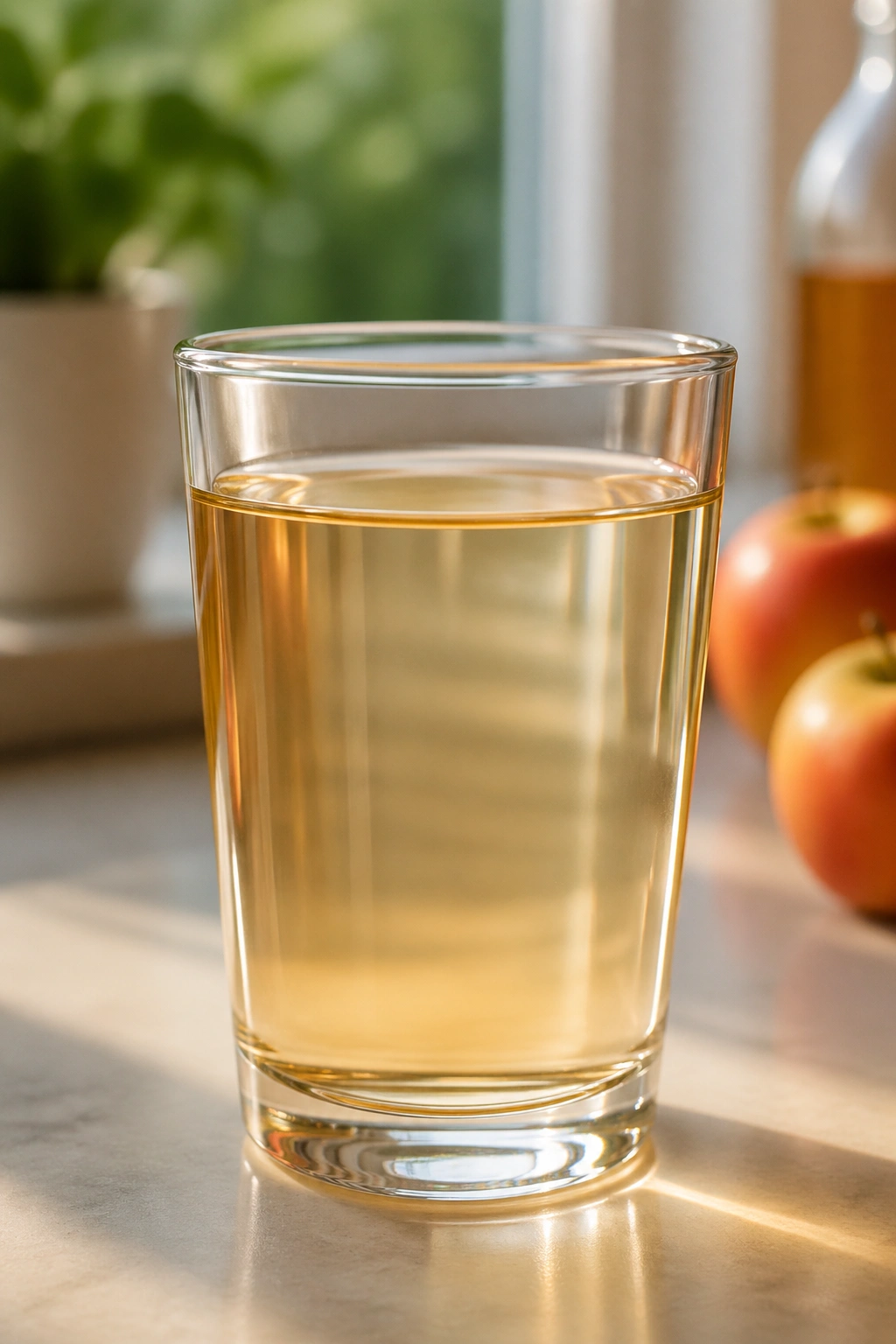 Close-up of apple cider vinegar water in a glass with amber tint on a kitchen counter.