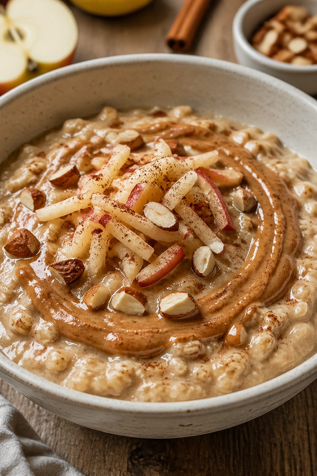 Oatmeal bowl with apple and almond butter swirl.