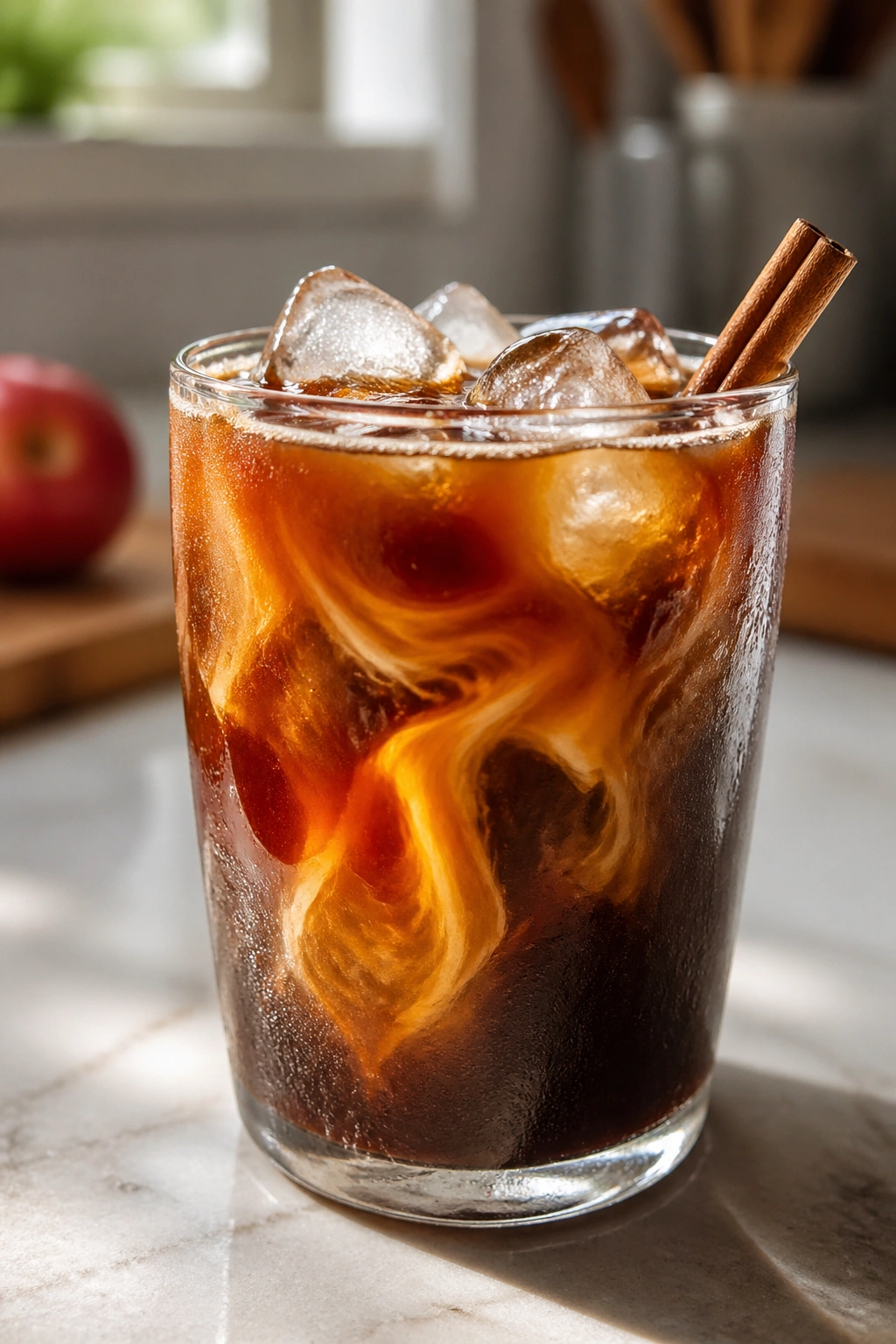 Close-up of Apple Cinnamon Cold Brew Cooler in a glass with ice and cinnamon on a kitchen counter.