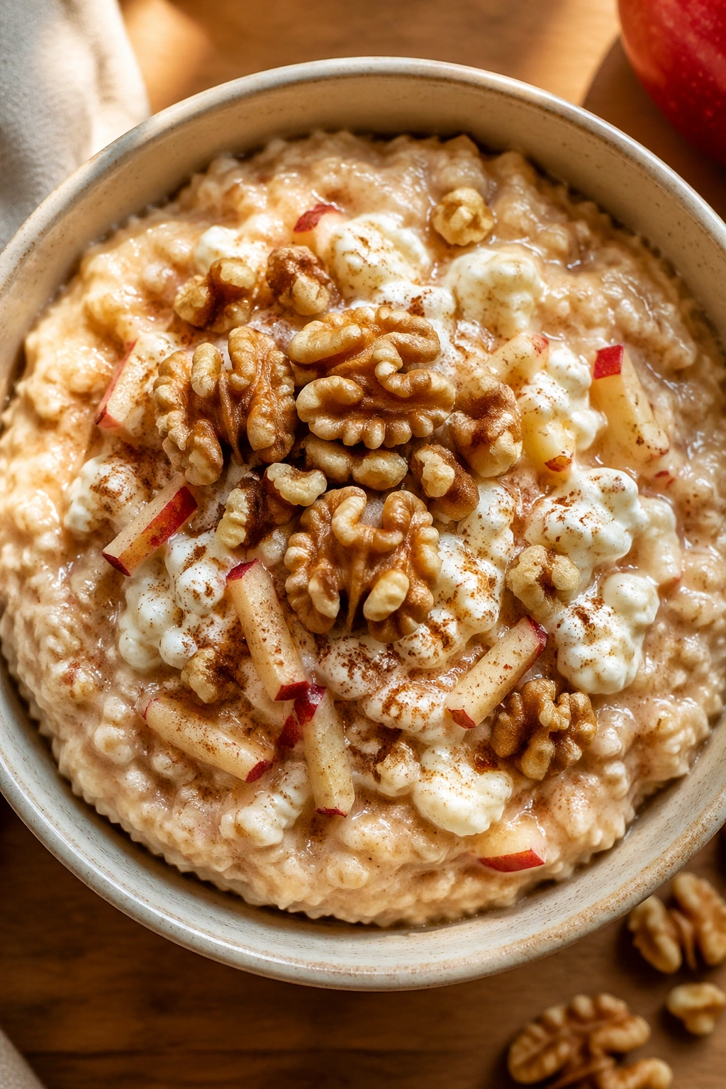 Close-up of creamy Apple Cinnamon Cottage Cheese Oatmeal in a bowl on a wooden kitchen counter