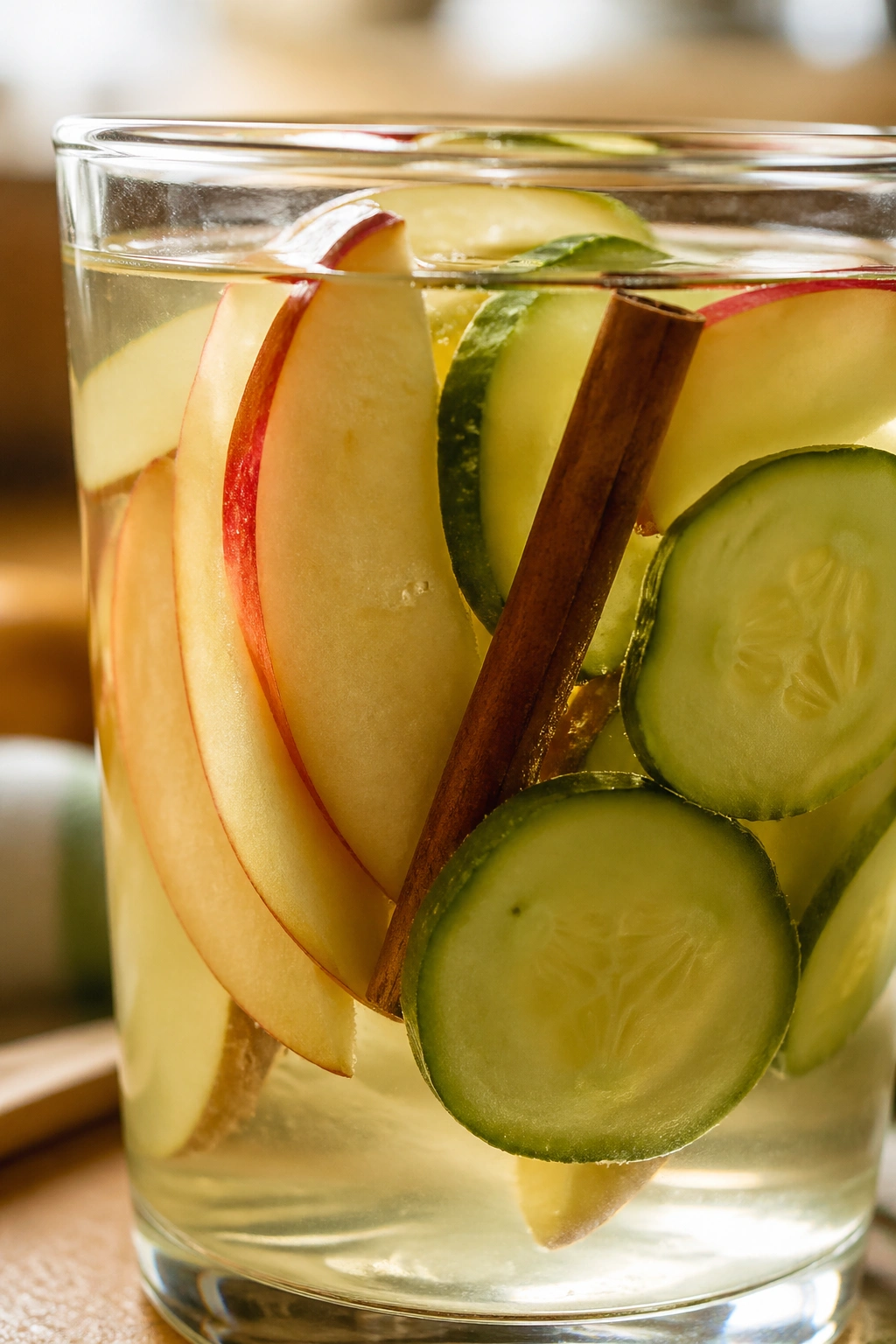 Close-up of apple cinnamon cucumber water in a glass