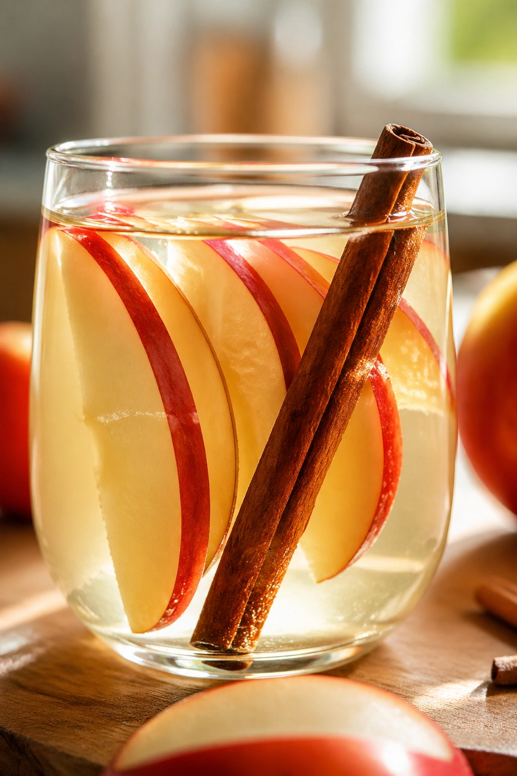 Glass with apple and cinnamon infusion in a cozy kitchen.