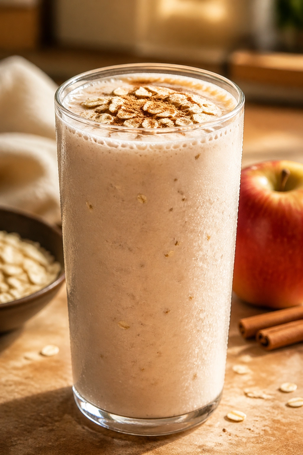 Close-up of an apple cinnamon oat shake in a glass on a kitchen counter