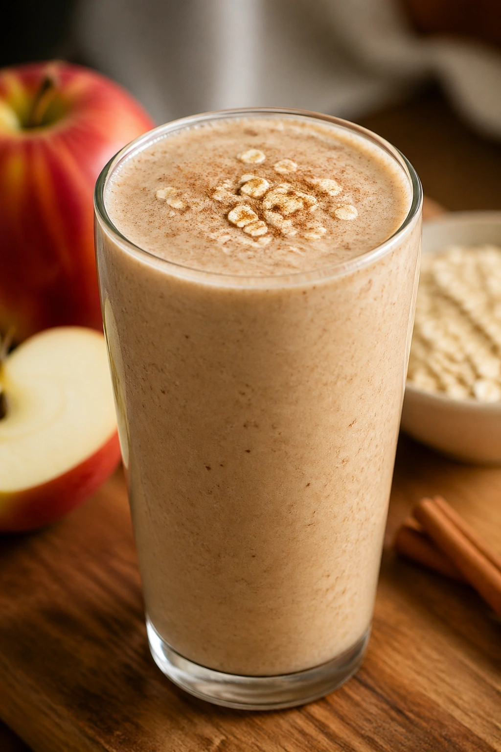 Glass of Apple Cinnamon Oat Smoothie on wooden table