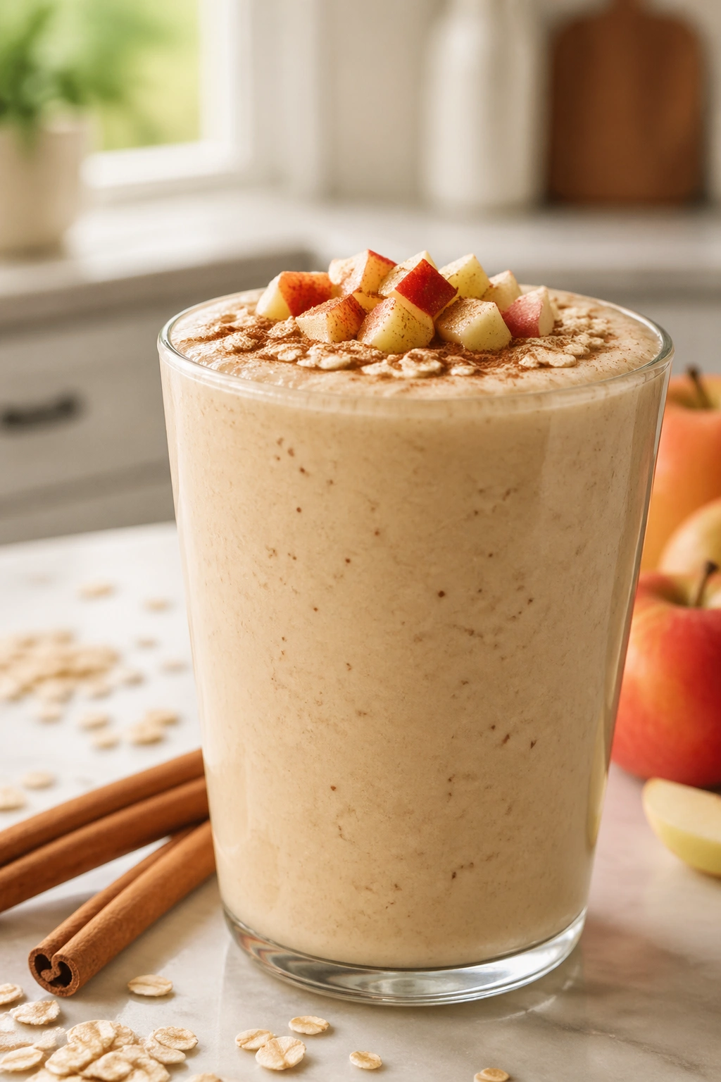 Apple cinnamon oat smoothie in a glass on a kitchen counter