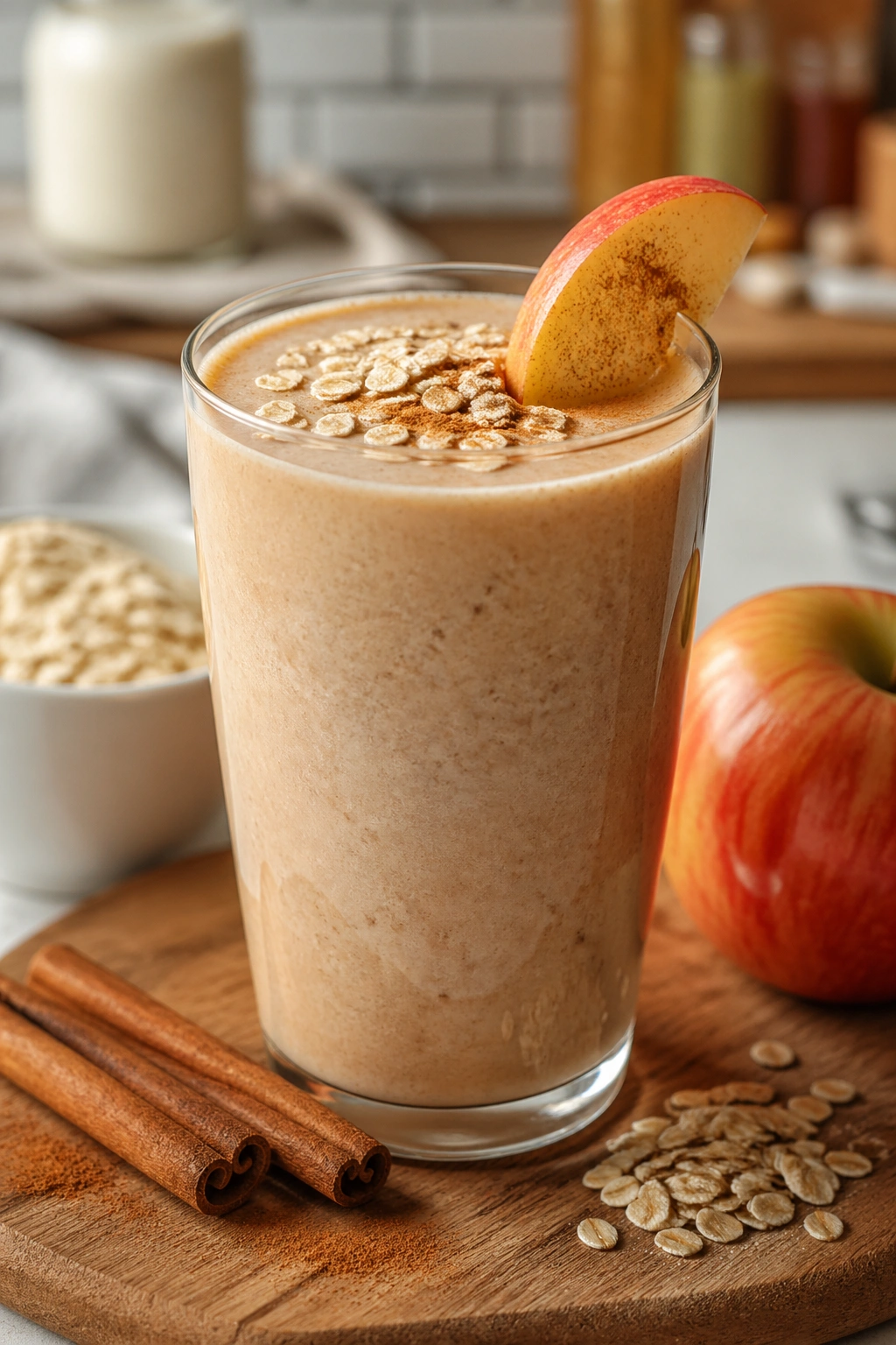 Apple cinnamon oat smoothie in glass on kitchen island