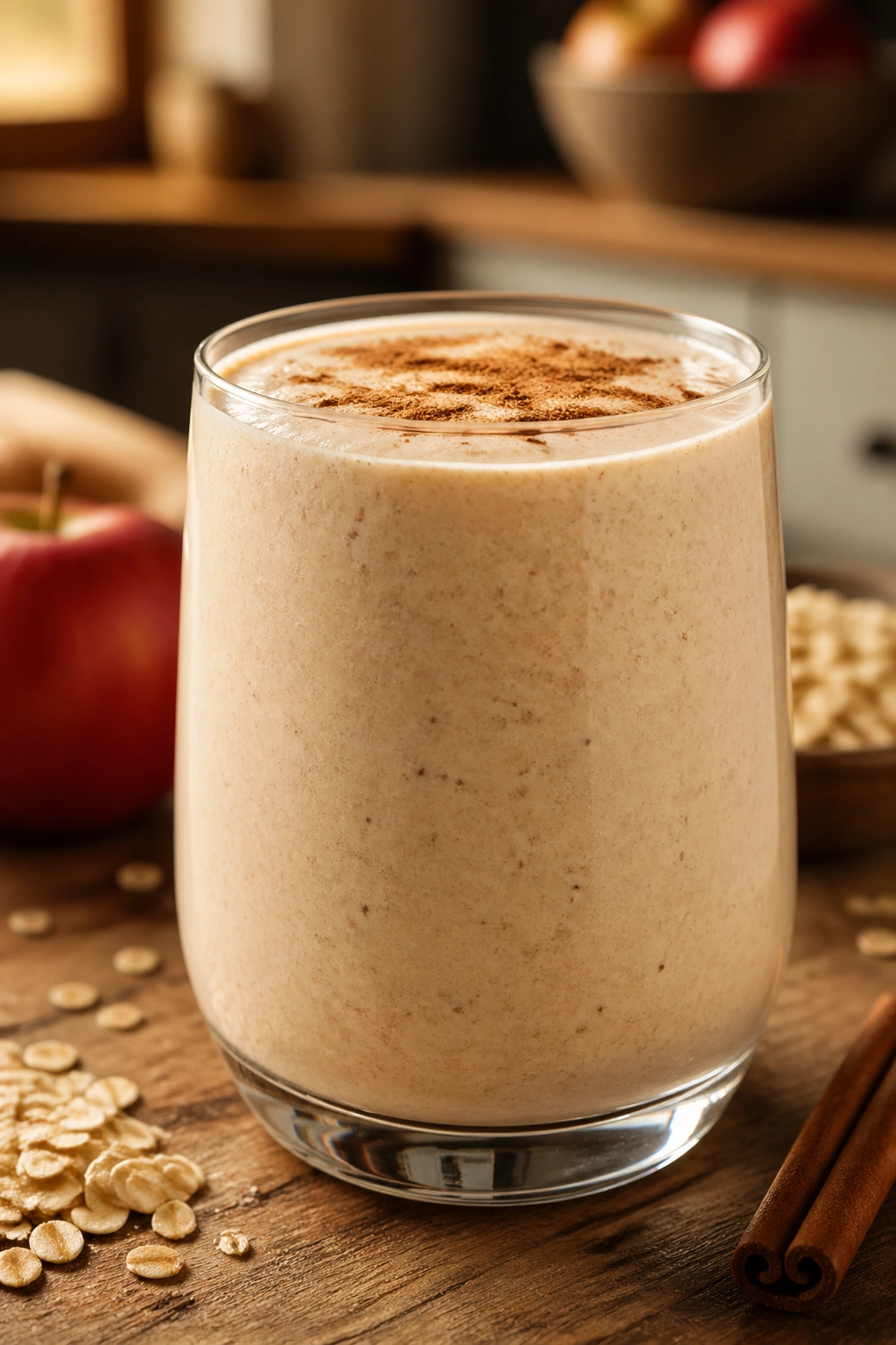Glass of Apple Cinnamon Oat Smoothie on wooden counter