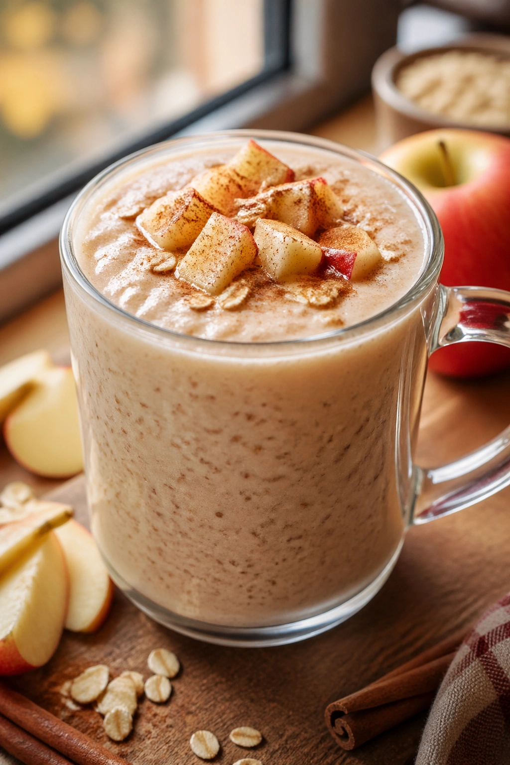 Creamy apple cinnamon oat shake in glass mug on warm kitchen counter