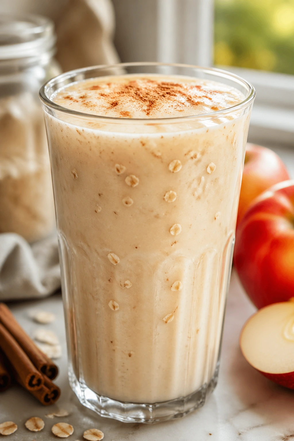 Apple Cinnamon Oat Smoothie in glass on warm kitchen counter with oats texture and cinnamon rim