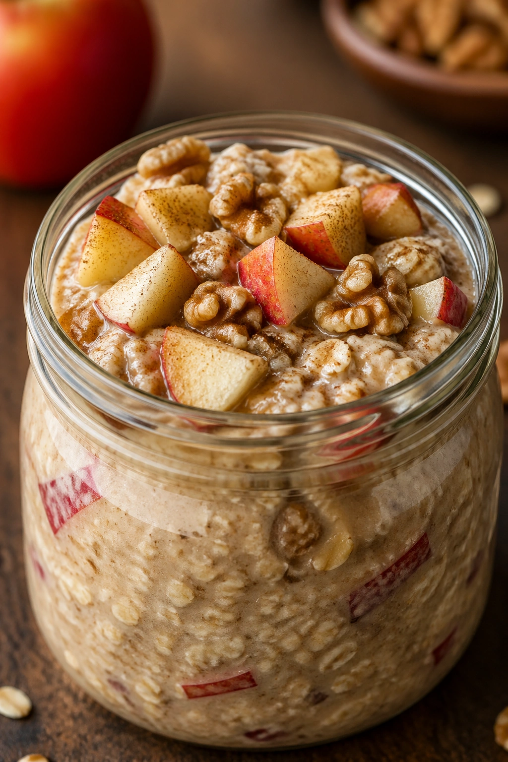 Jar of apple cinnamon walnut oats with apples and walnuts