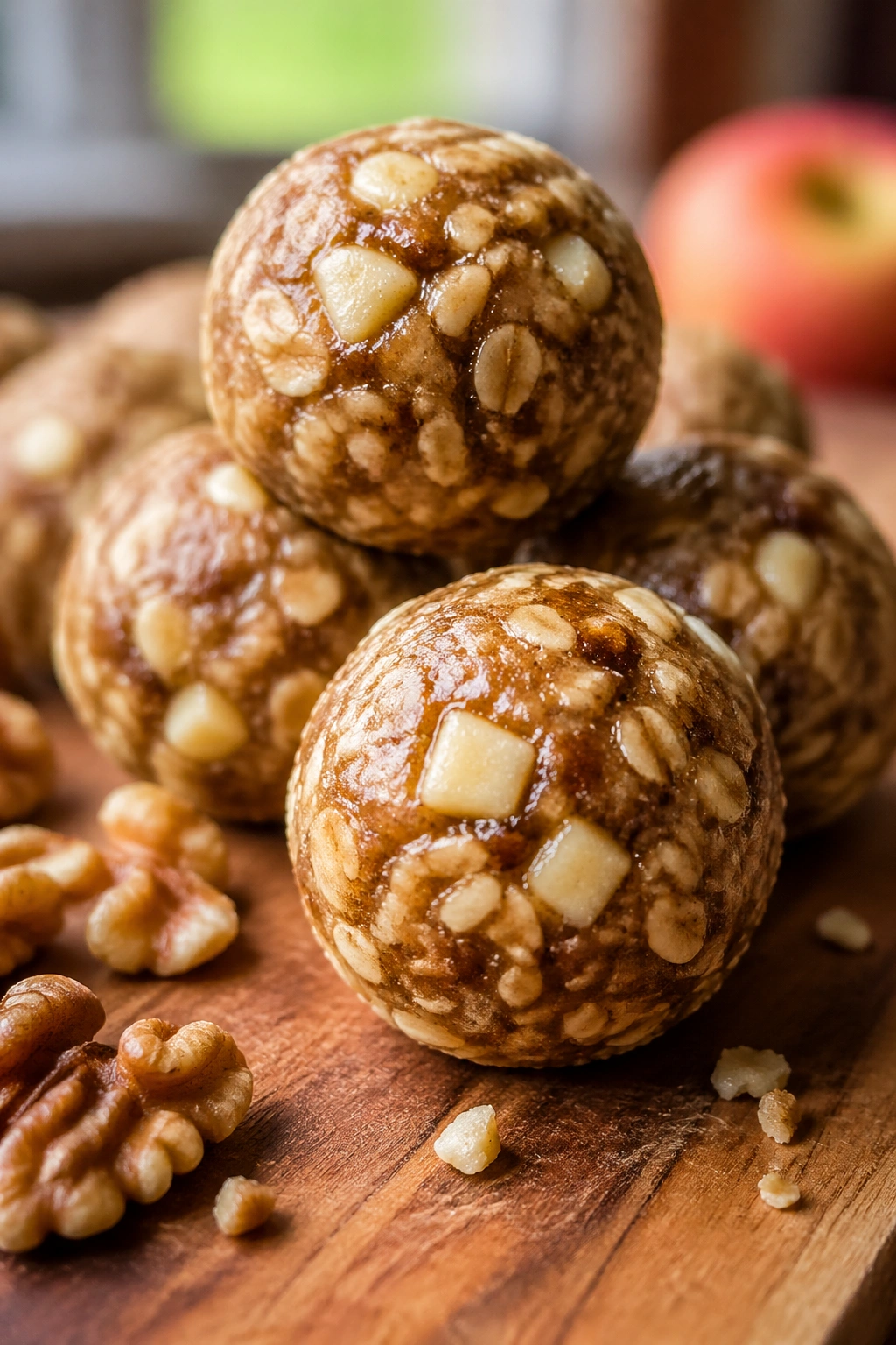 Close-up of Apple Cinnamon Walnut Protein Balls on a rustic wooden board in warm kitchen light