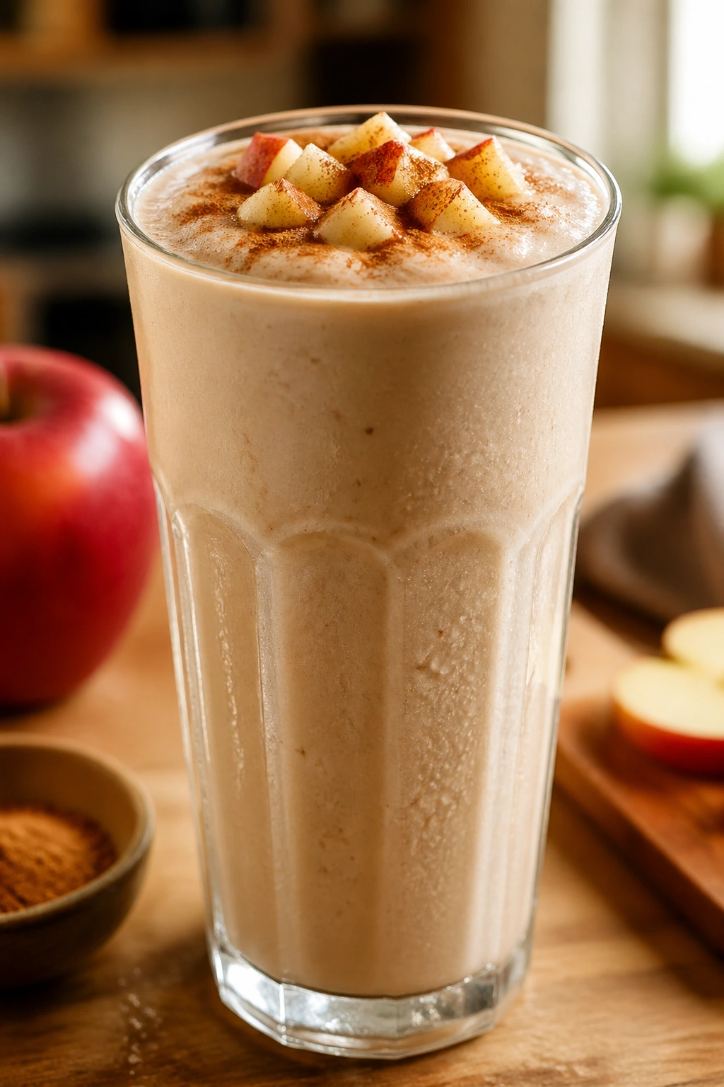 Close-up of a creamy Apple Cinnamon Pie Shake in a glass on a warm kitchen counter, post-workout recovery