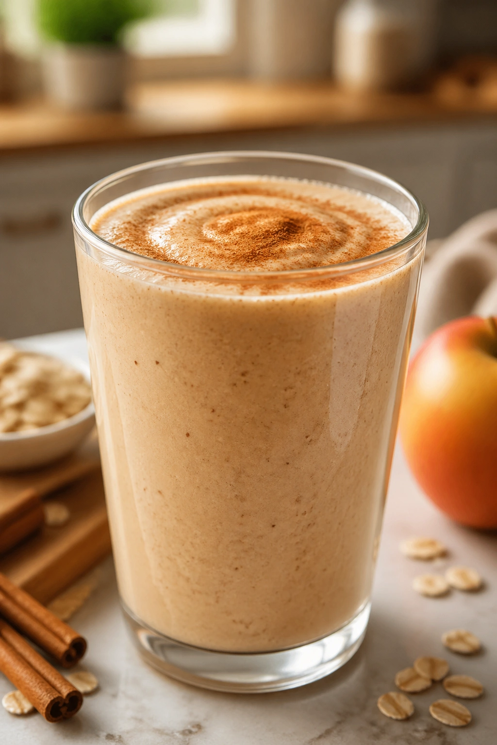 Close-up of an apple cinnamon oat smoothie in a glass on a kitchen counter
