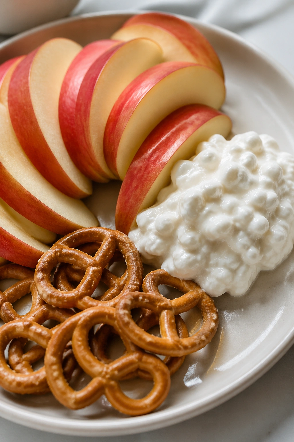 Plate with apple, cottage cheese, and pretzels arranged neatly