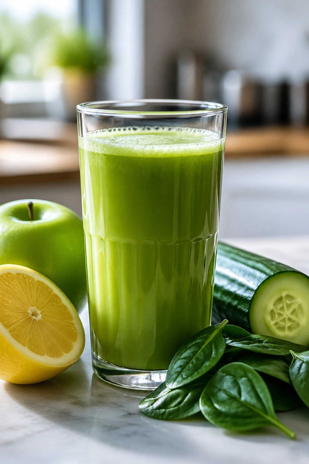Glass of green apple cucumber spinach lemon juice on kitchen counter