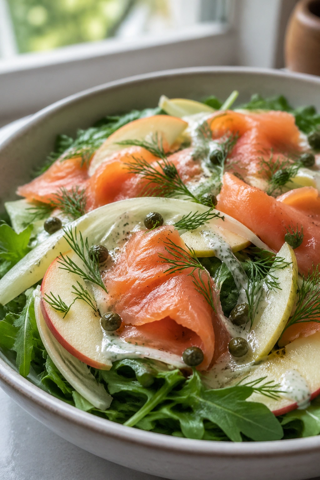 Close-up of apple fennel smoked salmon salad on arugula with capers.