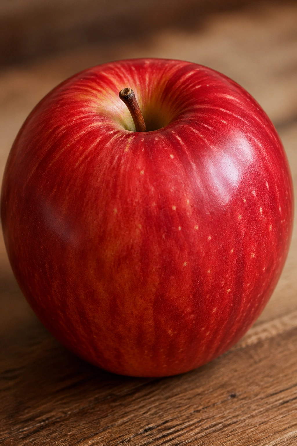 Close-up of a single crisp red apple on a wooden counter with soft light.