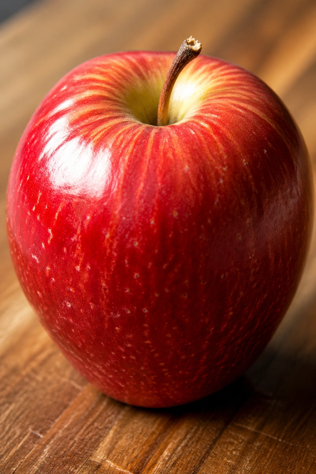Close-up of a single shiny apple on a wooden surface