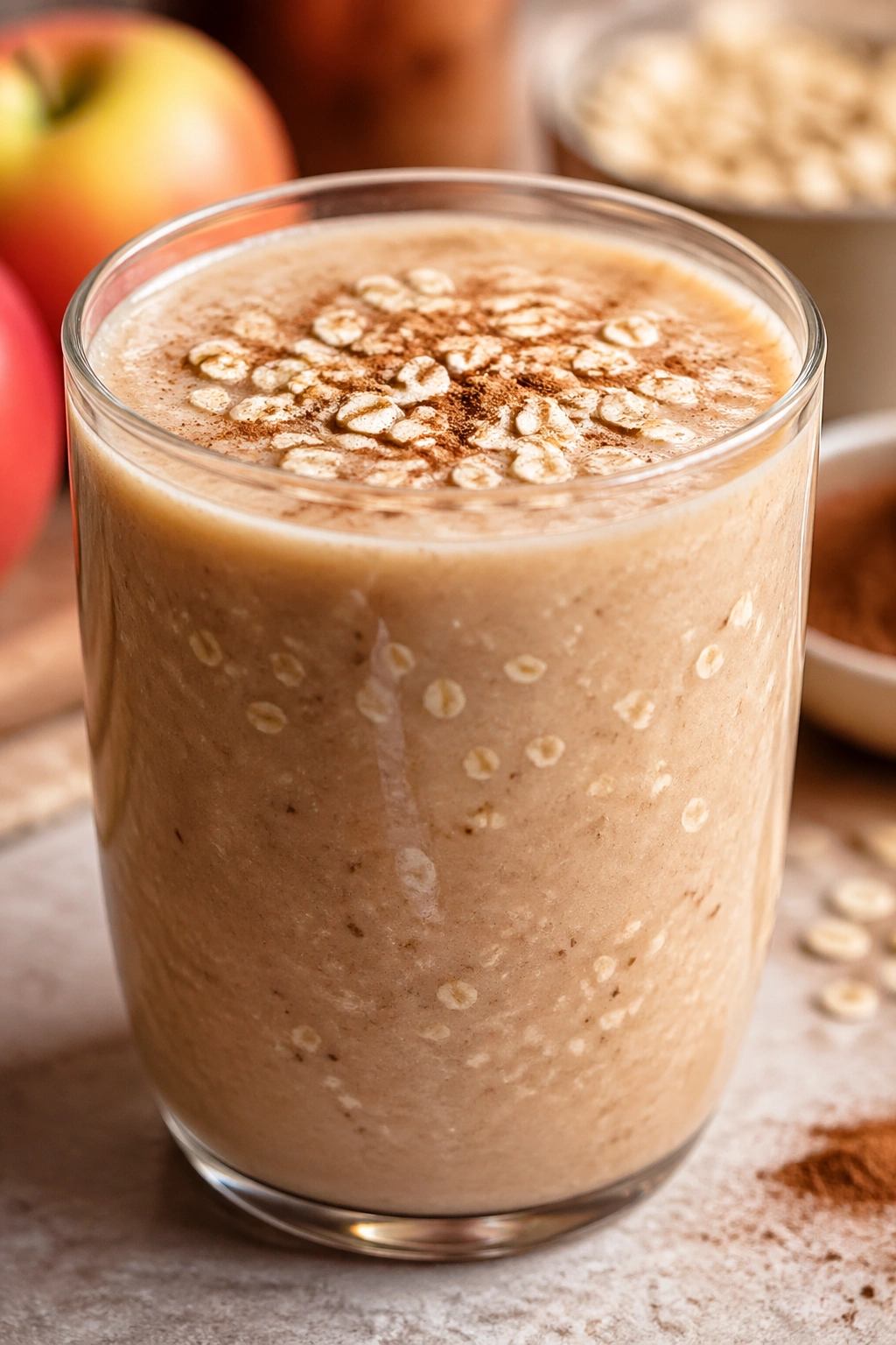 Close-up of an apple oat cinnamon pre-workout drink in a glass